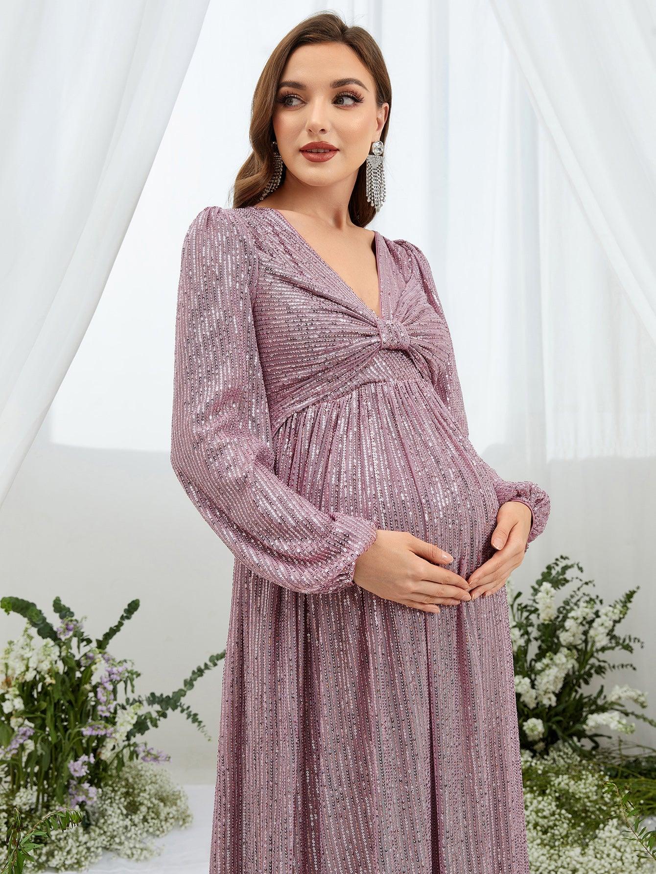 Maternity Ruched Bust Lantern Sleeve Sequin Party Dress - Elonnashop