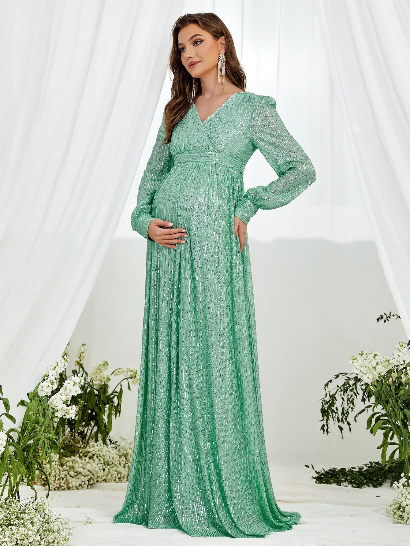 Maternity V Neck Lantern Sleeve Sequin Formal Dress - Elonnashop