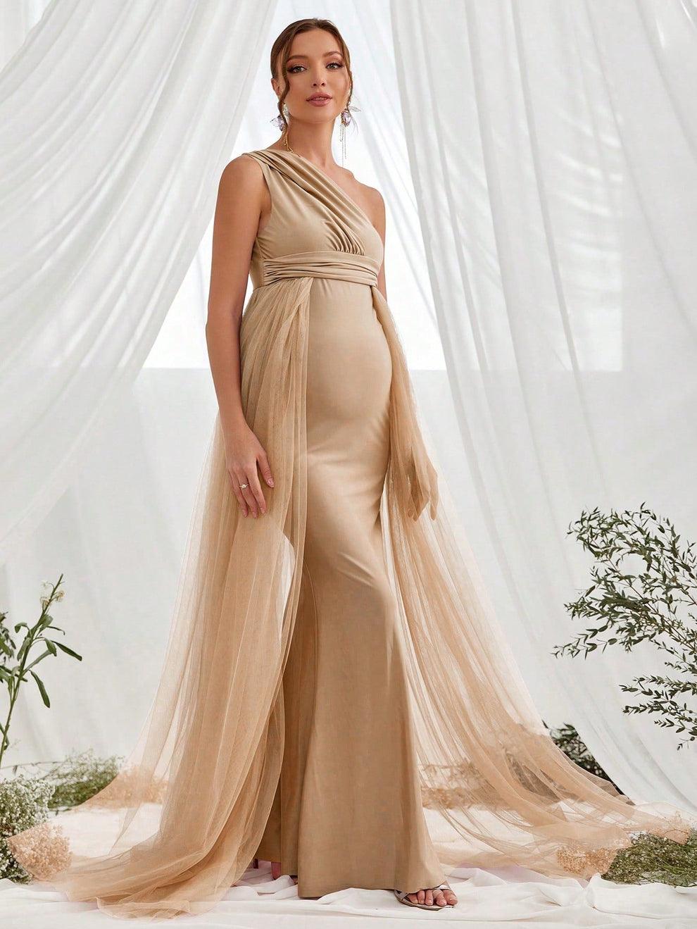 Maternity One Shoulder Contrast Mesh Mermaid Prom Dress - Elonnashop