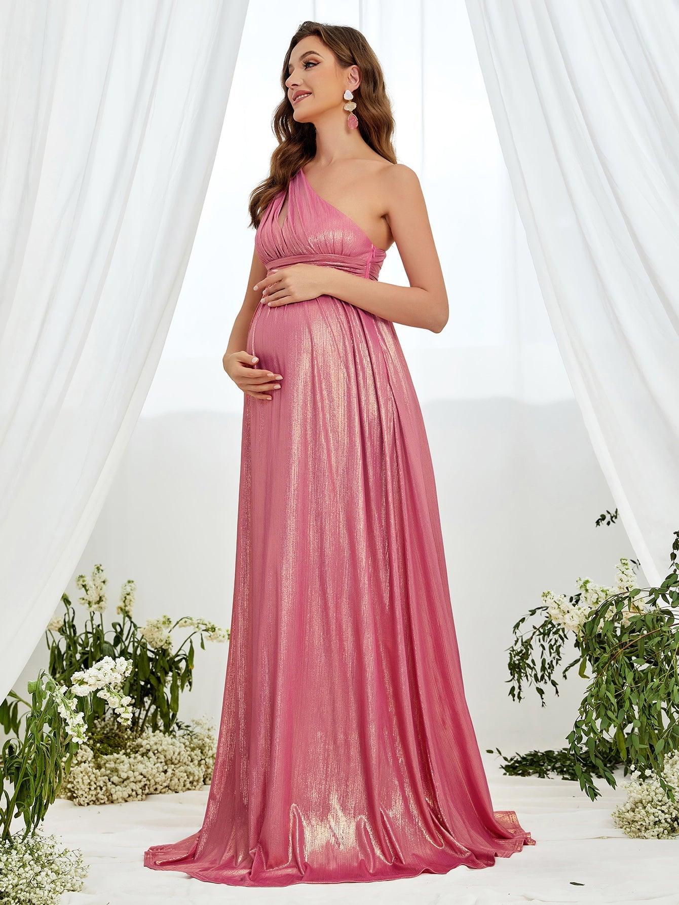 Maternity One Shoulder Sleeveless Metallic Party Dress - Elonnashop