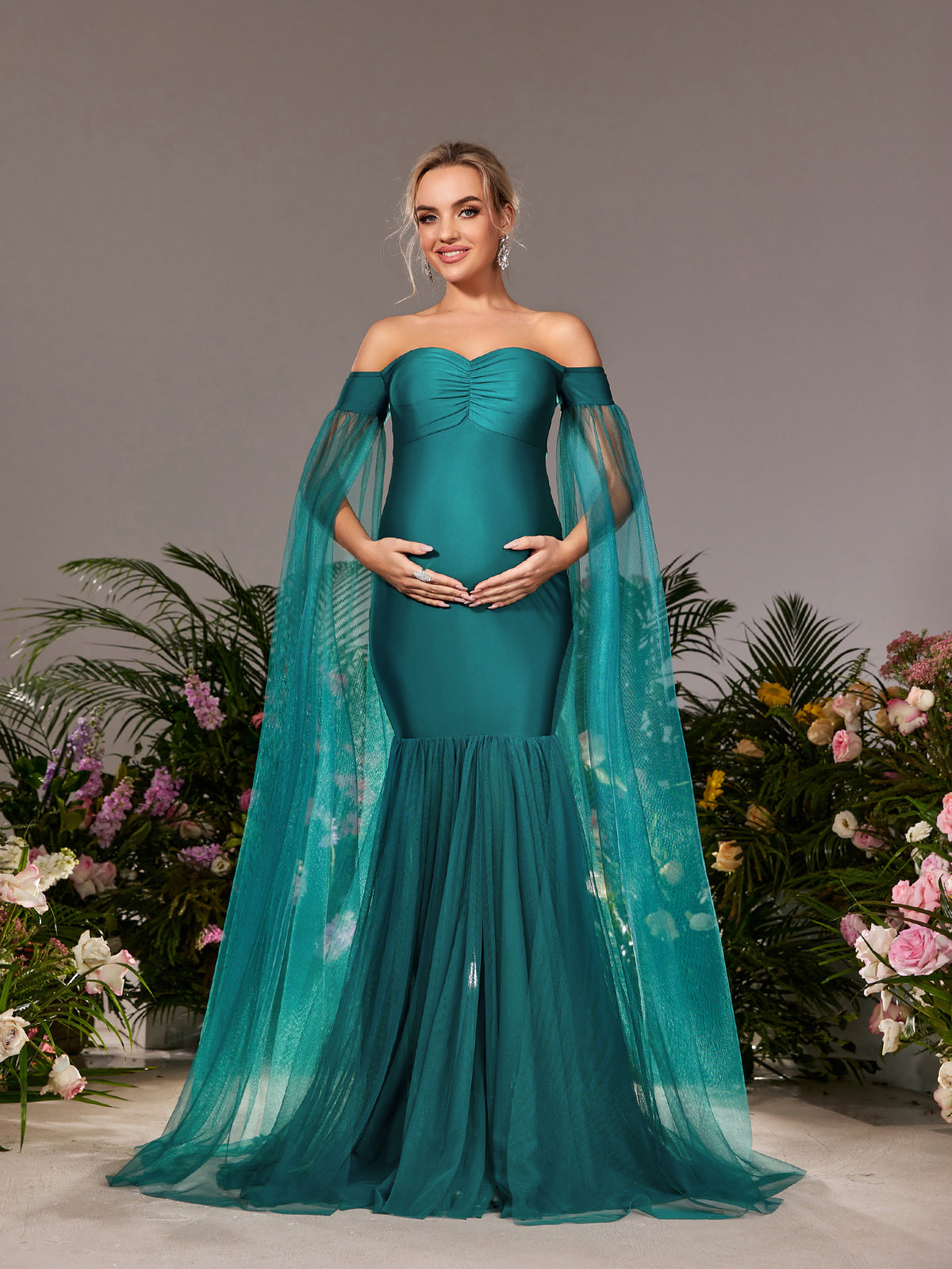 Maternity Off Shoulder Cloak Sleeves Mermaid Hem Evening Dress