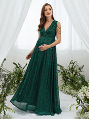 Maternity Chain Detail Plunging Neck Sequin Dress - Elonnashop