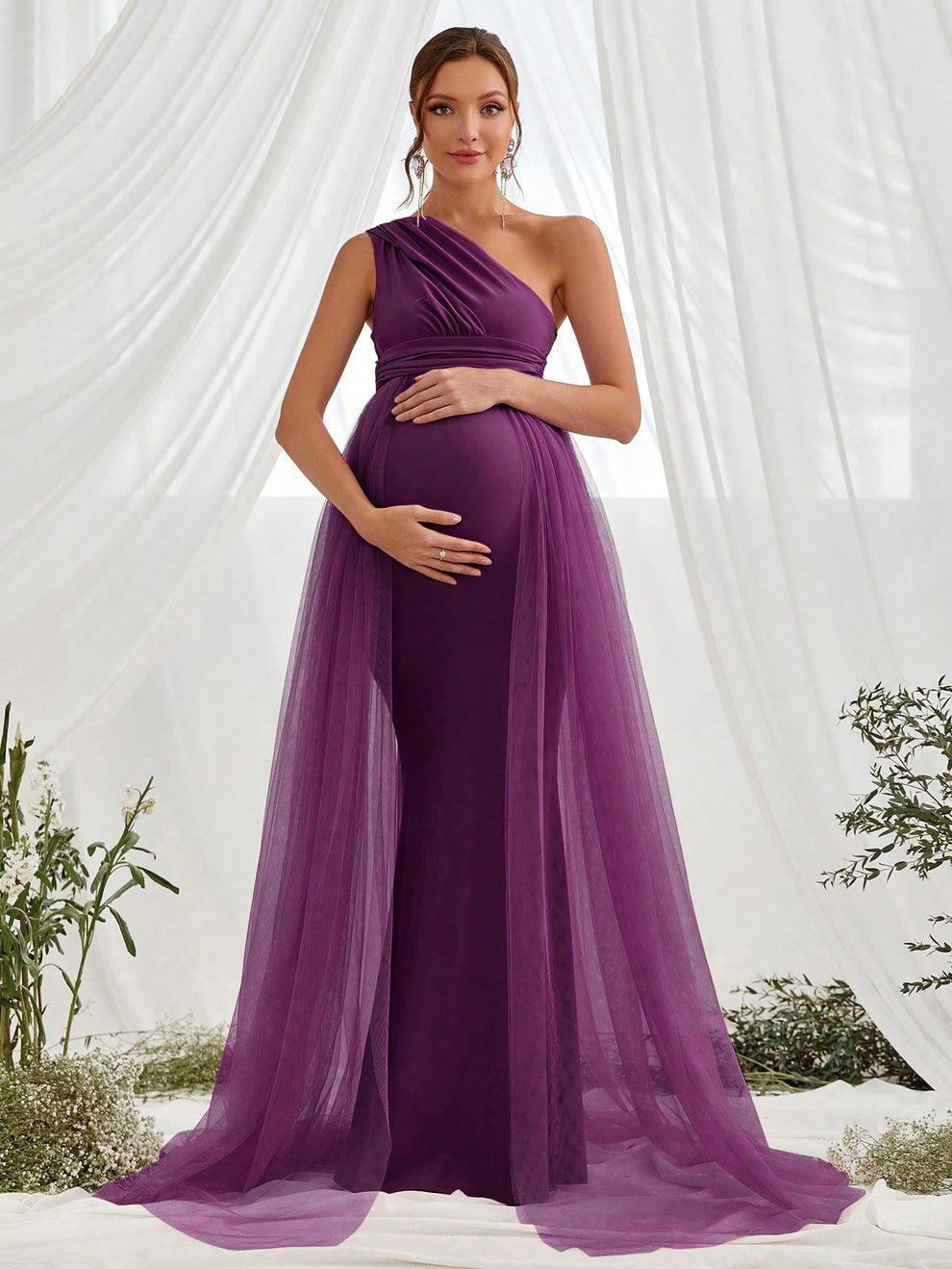 Maternity One Shoulder Contrast Mesh Mermaid Prom Dress - Elonnashop