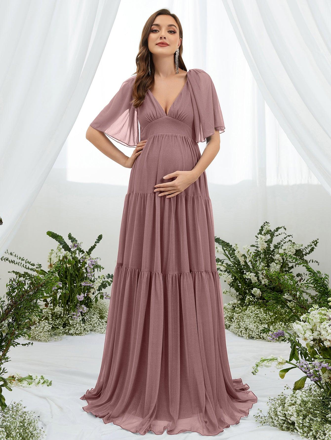 Maternity Plunging Neck Butterfly Sleeve Ruffle Hem Dress - Elonnashop