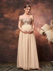 Maternity Off Shoulder Sweetheart Neckline Sequin Formal Dress