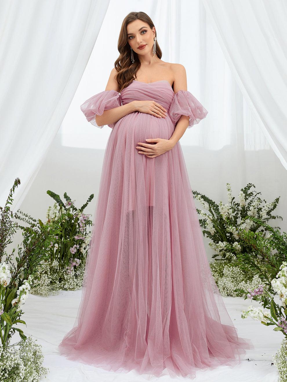 Maternity Off Shoulder Puff Sleeve Mesh Overlay Dress - Elonnashop