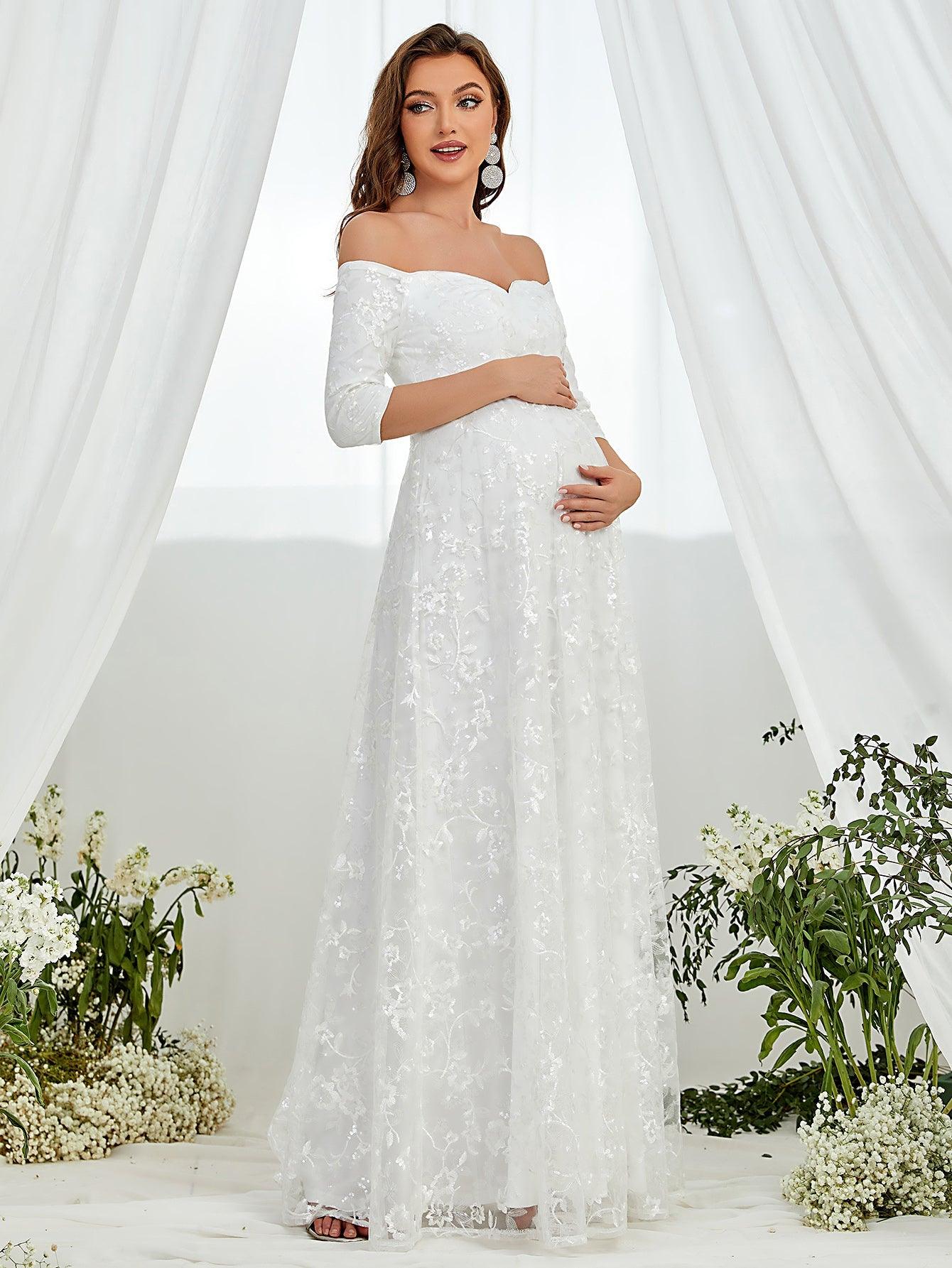 Maternity Off Shoulder Embroidered Mesh Wedding Dress - Elonnashop