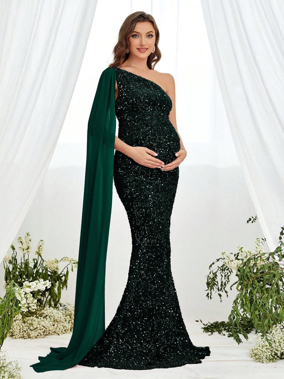 Maternity One Shoulder Draped Side Sequin Mermaid Dress - Elonnashop