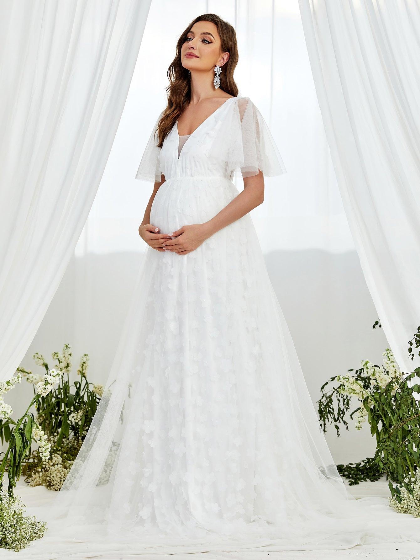 Maternity Butterfly Sleeve Floral Applique Mesh Wedding Dress - Elonnashop