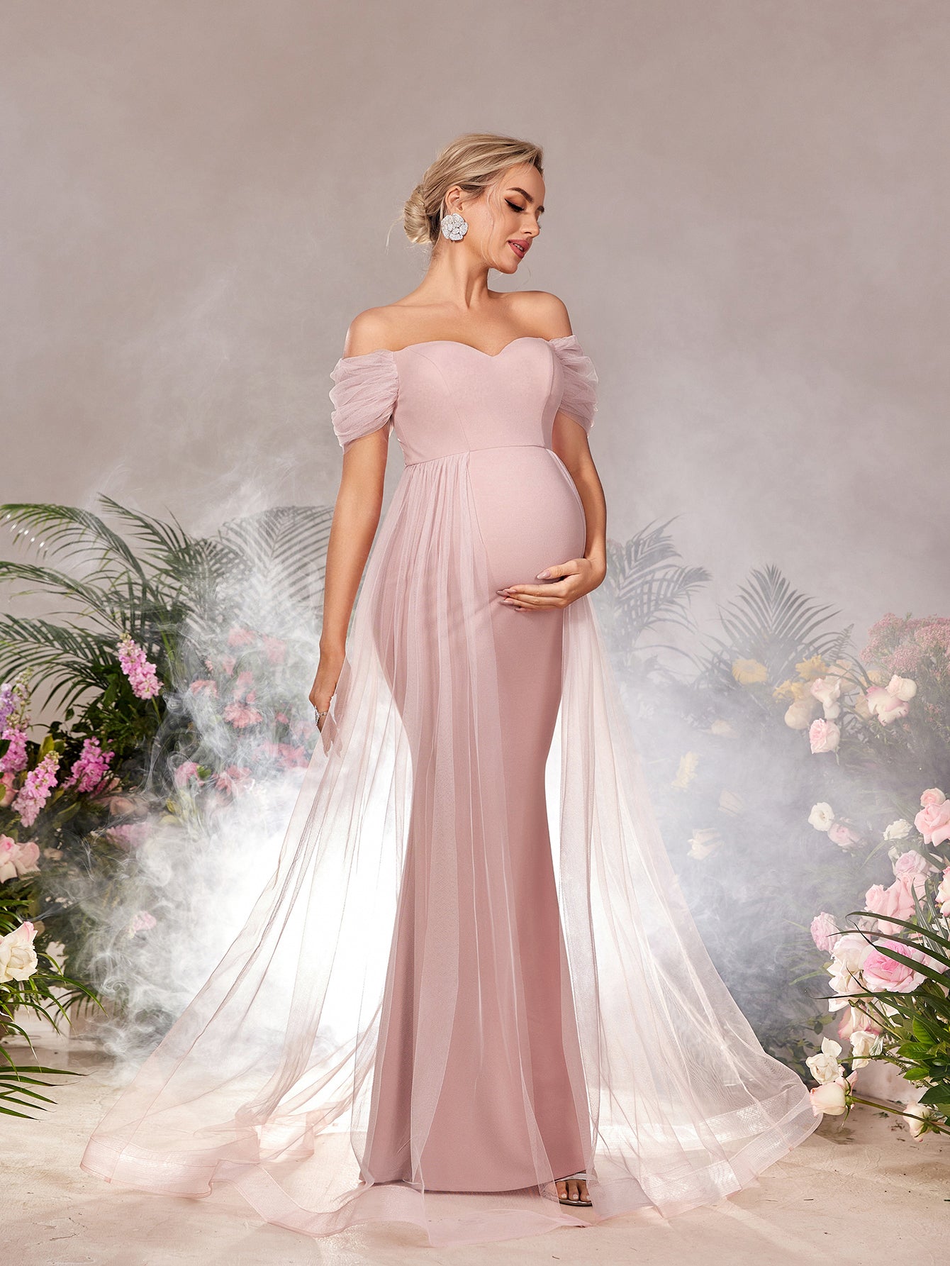 Maternity Off Shoulder Mermaid Hem Mesh Overlay Evening Dress