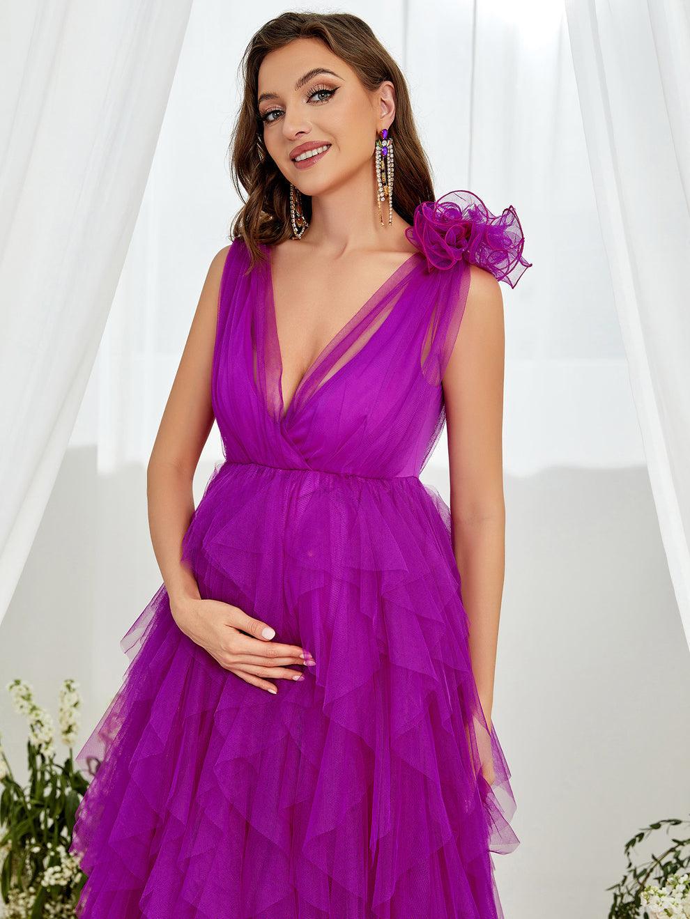 Maternity Plunging Neck Stereo Flower Mesh Overlay Party Dress - Elonnashop