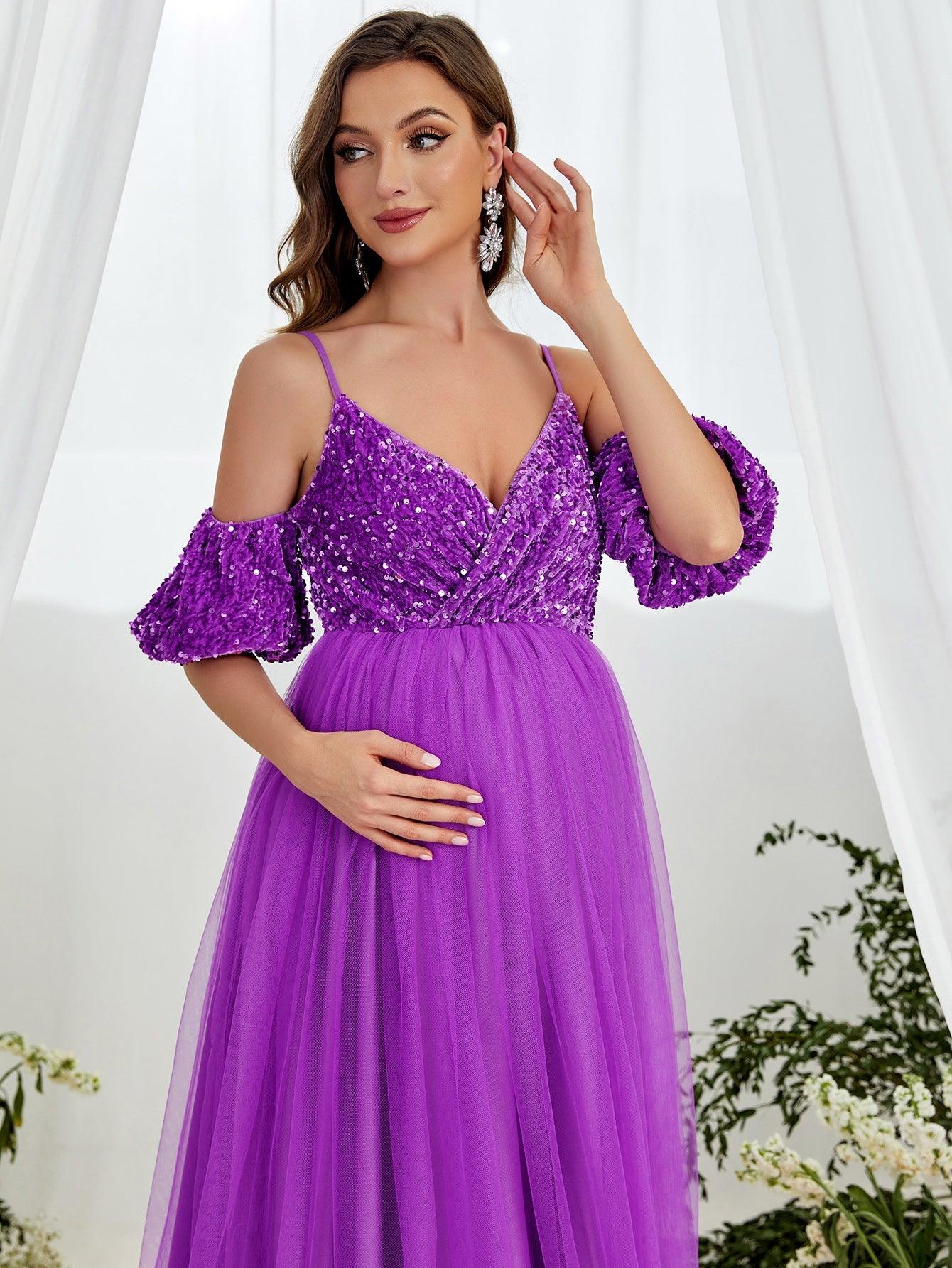 Maternity Cold Shoulder Sequin Bodice Contrast Mesh Hem Dress - Elonnashop