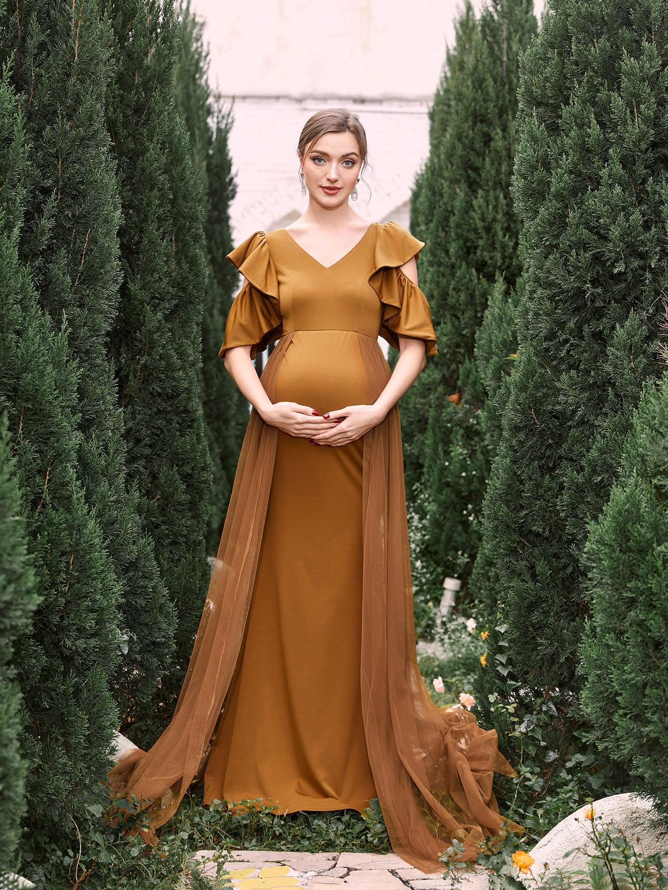 Maternity V Neck Ruffle Sleeves Mesh Overlay Mermaid Dress - Elonnashop