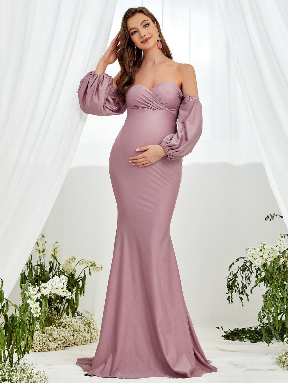 Maternity Off Shoulder Lantern Sleeve Mermaid Dress - Elonnashop