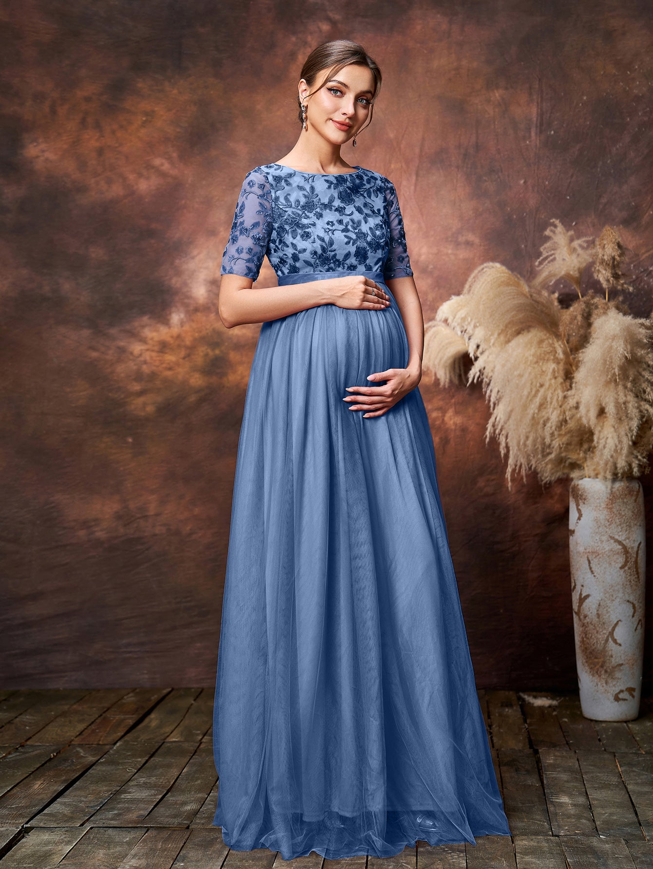 Maternity Floral Sequin Embroidered Bodice Formal Party Dress