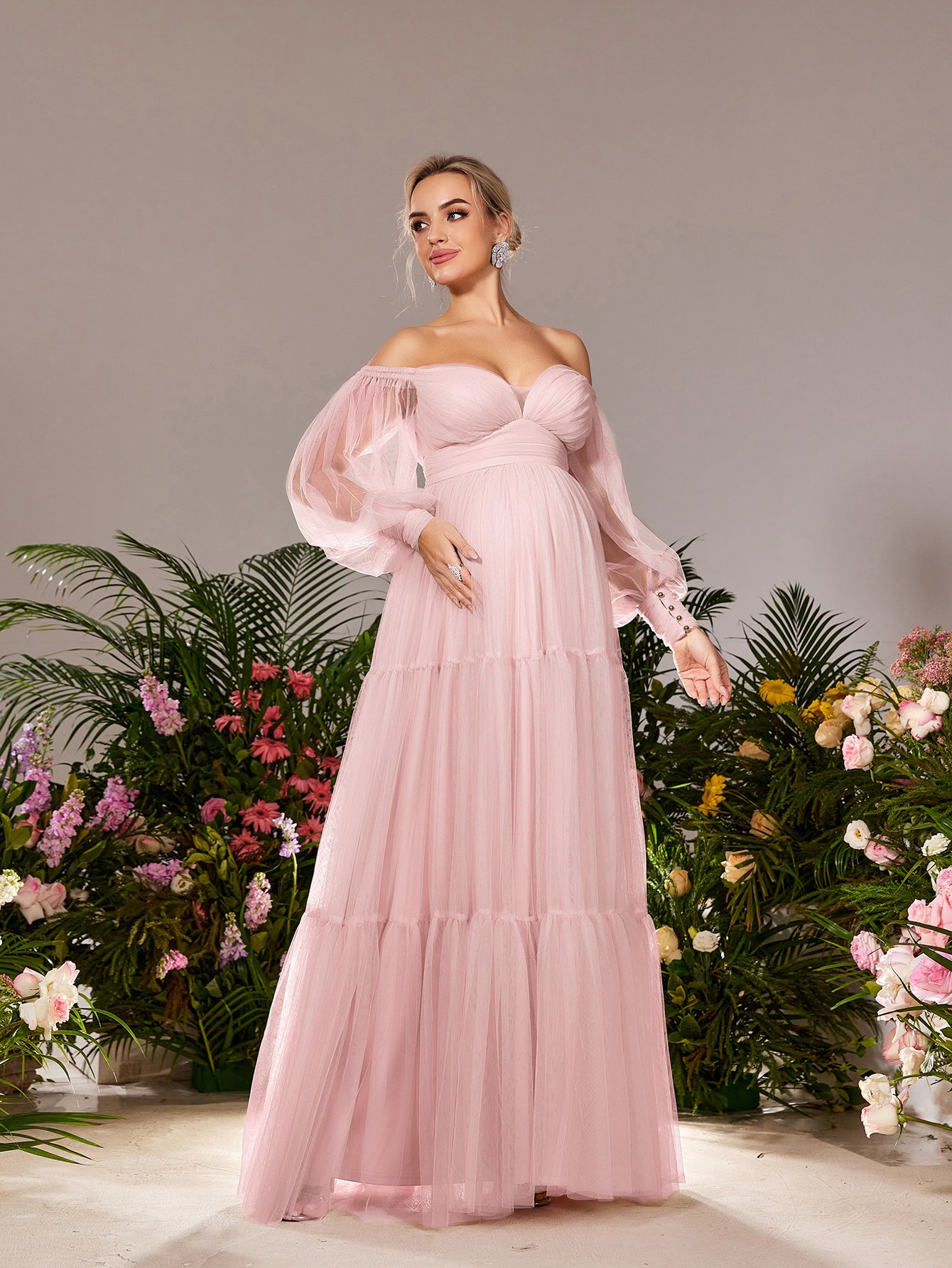 Maternity Off Shoulder Bishop Sleeves Tulle Party Dress