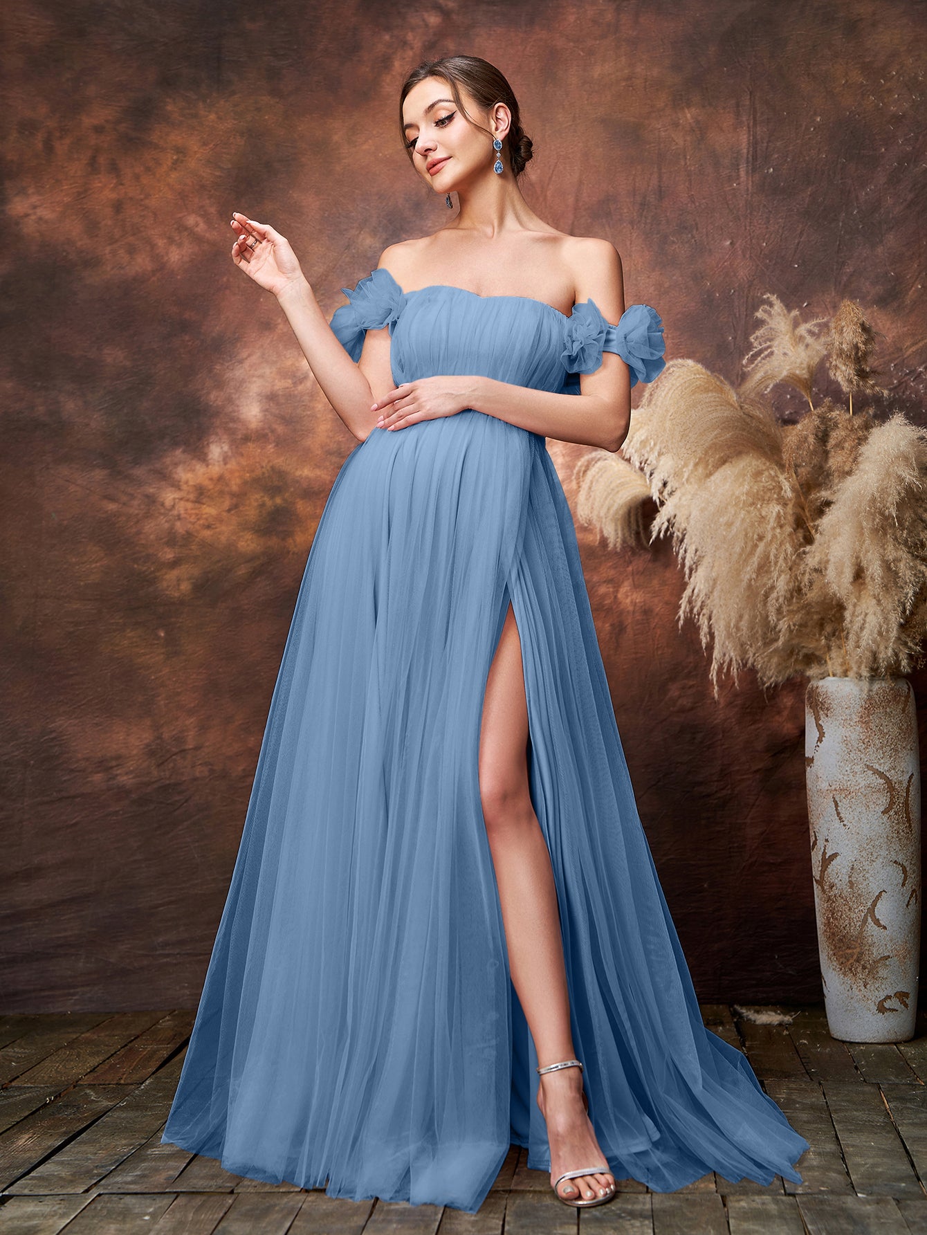 Maternity Off Shoulder Ruched Bust Split Tulle Evening Dress