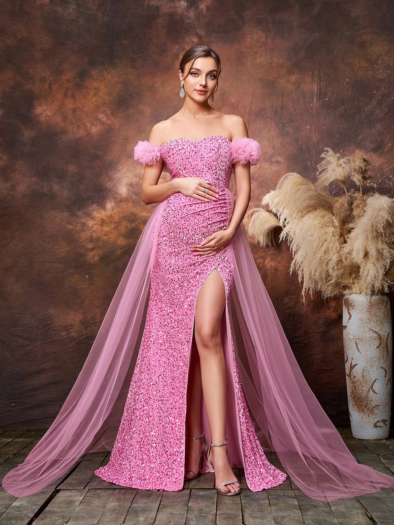 Maternity Off Shoulder Tulle Overlay Split Sequin Party Dress