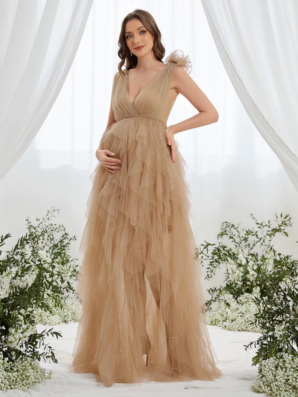 Maternity Plunging Neck Stereo Flower Mesh Overlay Party Dress - Elonnashop