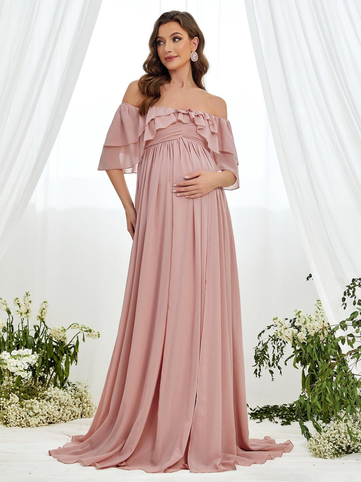 Maternity Off Shoulder Ruched Bust Layered Sleeves Chiffon Dress - Elonnashop