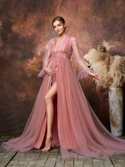 Maternity Plunging Neck Sheer Sleeves Mesh Photography Dress