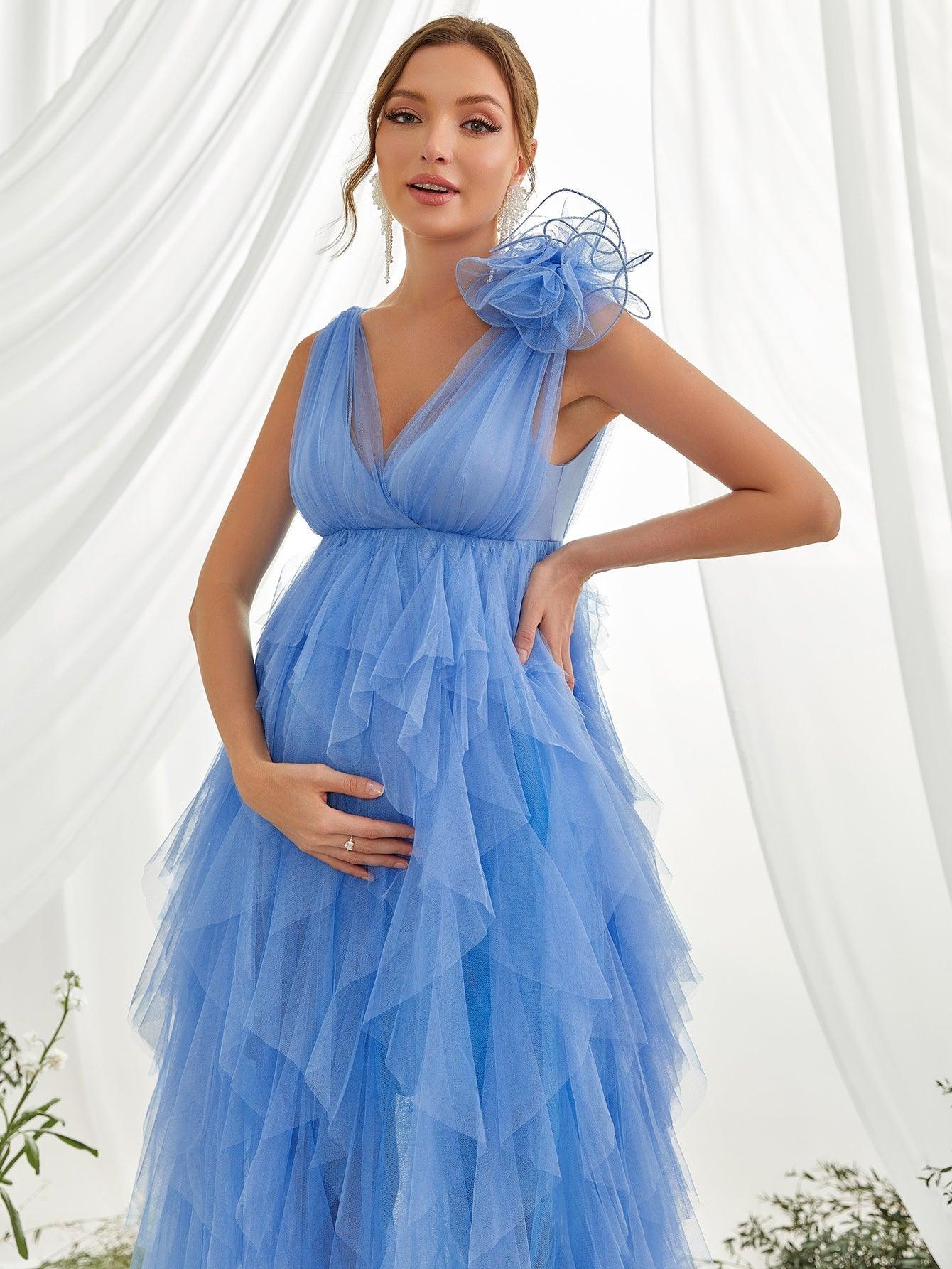 Maternity Plunging Neck Stereo Flower Mesh Overlay Party Dress - Elonnashop