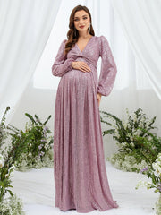 Maternity Ruched Bust Lantern Sleeve Sequin Party Dress - Elonnashop