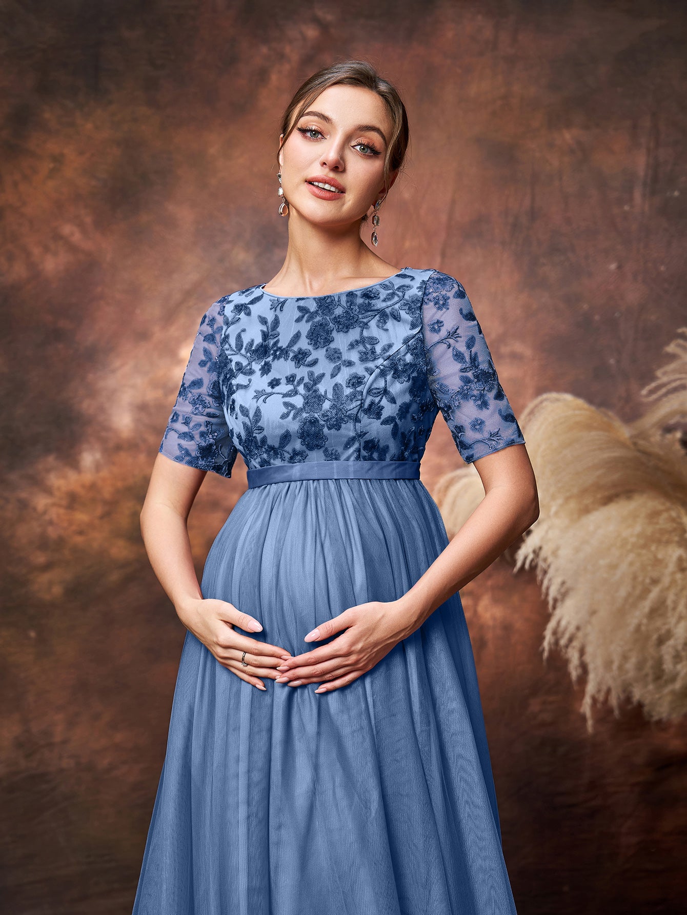 Maternity Floral Sequin Embroidered Bodice Formal Party Dress