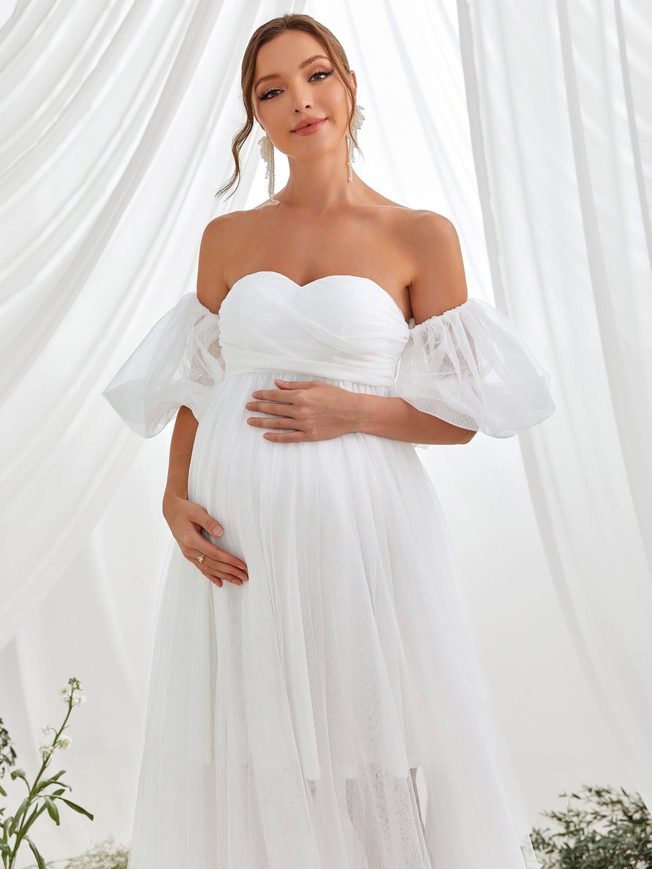 Maternity Off Shoulder Puff Sleeve Mesh Overlay Dress - Elonnashop