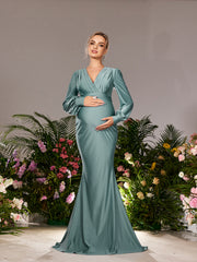 Maternity V Neck Bishop Sleeves Mermaid Hem Evening Dress