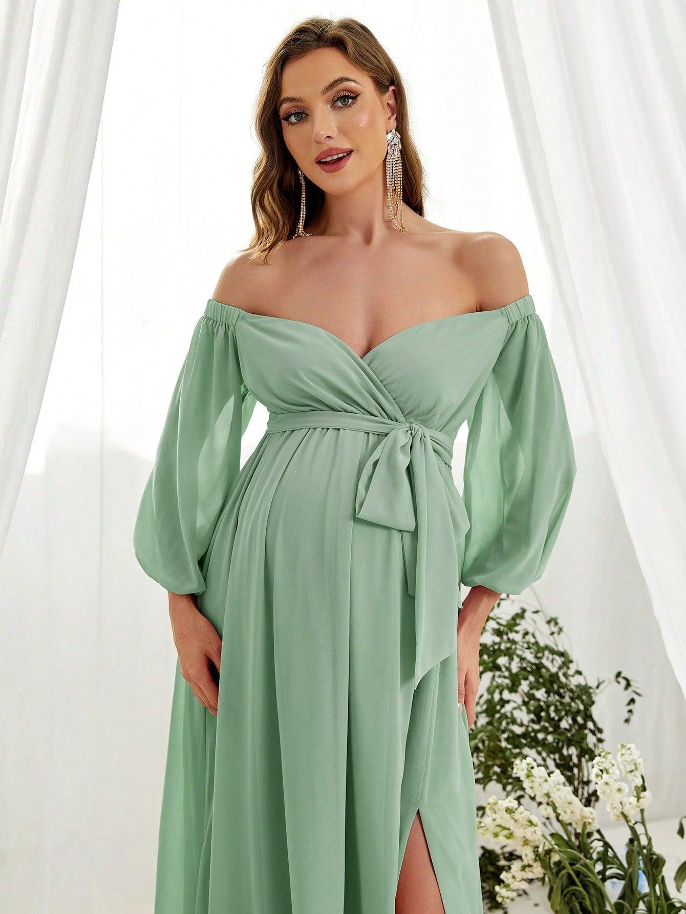 Maternity Off Shoulder Lantern Sleeve Chiffon Belted Dress - Elonnashop