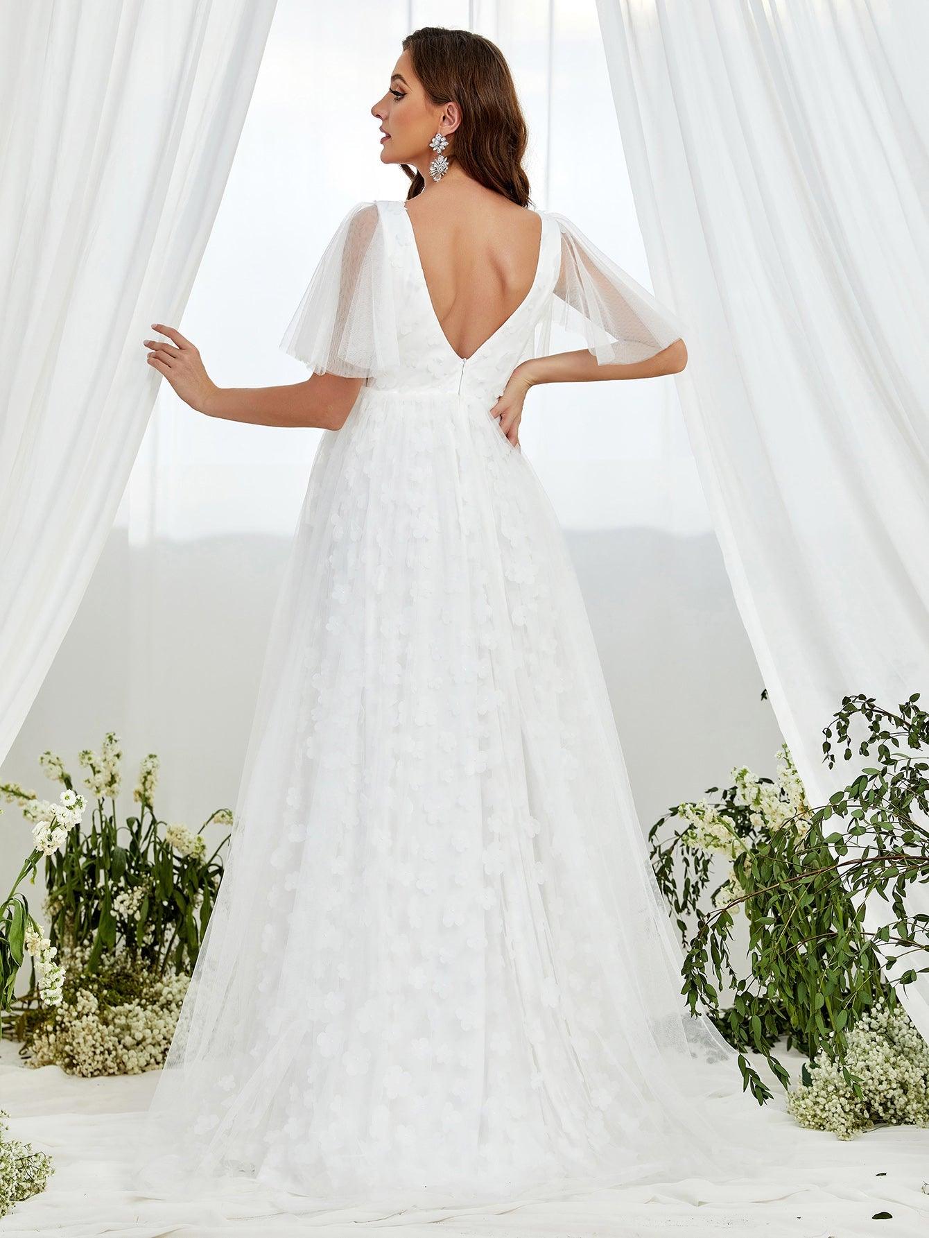 Maternity Butterfly Sleeve Floral Applique Mesh Wedding Dress - Elonnashop