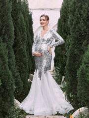 Maternity V Neck Long Sleeves Sequin Mermaid Dress - Elonnashop