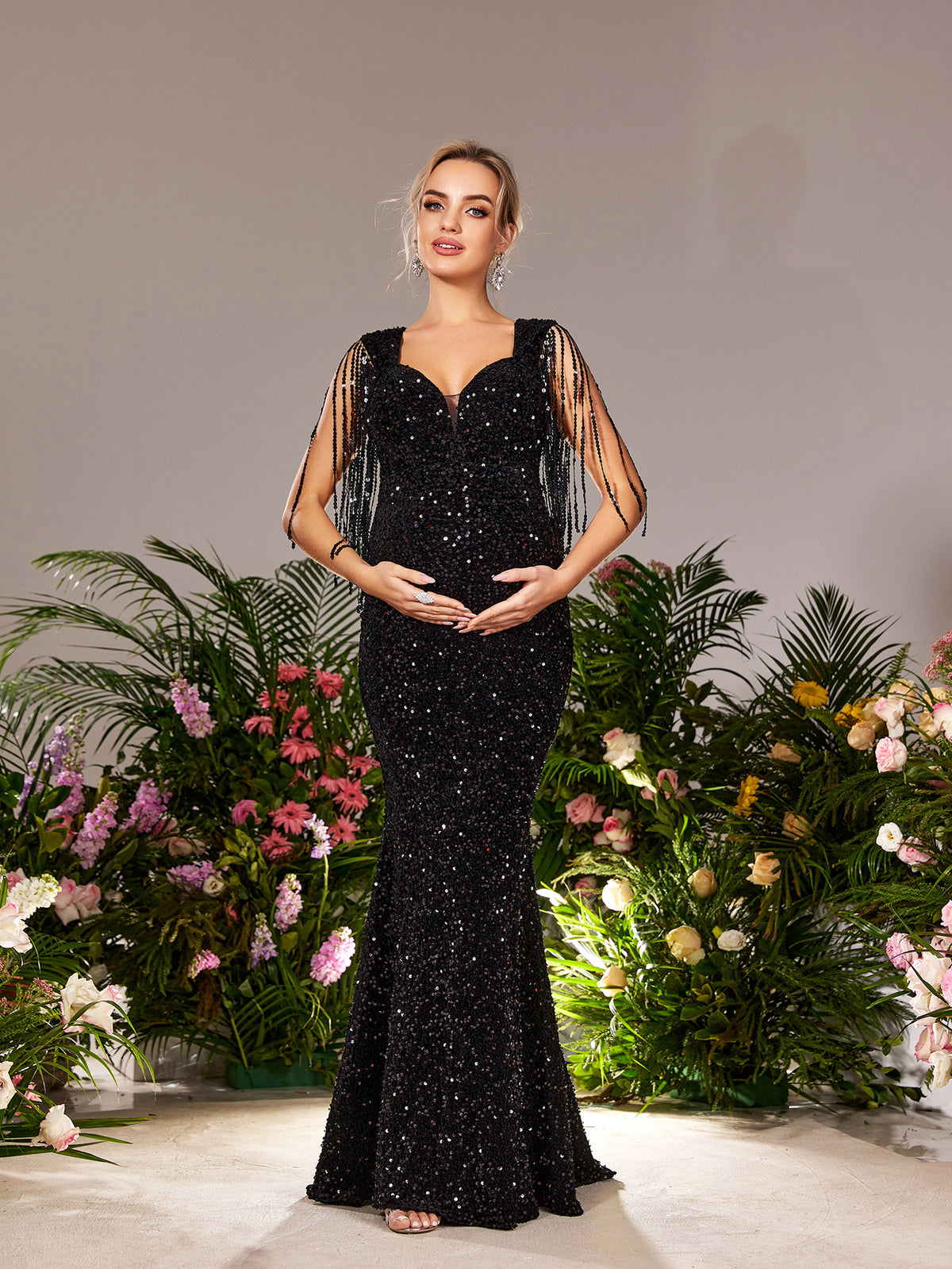 Maternity Sweetheart Neck Mermaid Hem Fringed Sequin Evening Dress