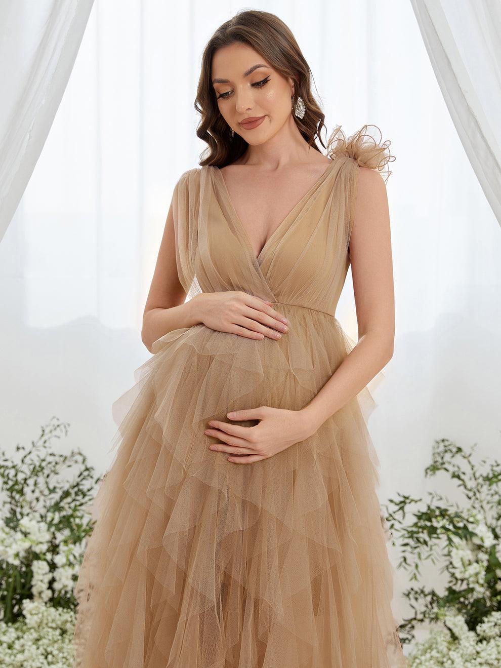 Maternity Plunging Neck Stereo Flower Mesh Overlay Party Dress - Elonnashop