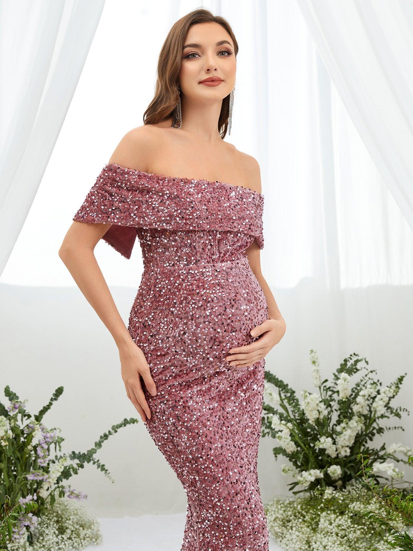 Maternity Off Shoulder Sequin Mermaid Dress - Elonnashop