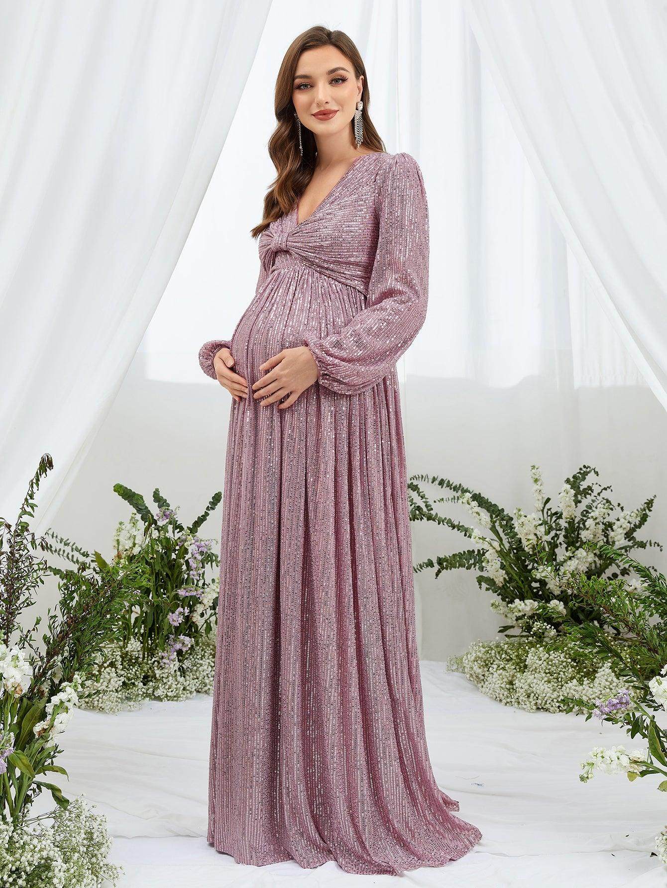 Maternity Ruched Bust Lantern Sleeve Sequin Party Dress - Elonnashop