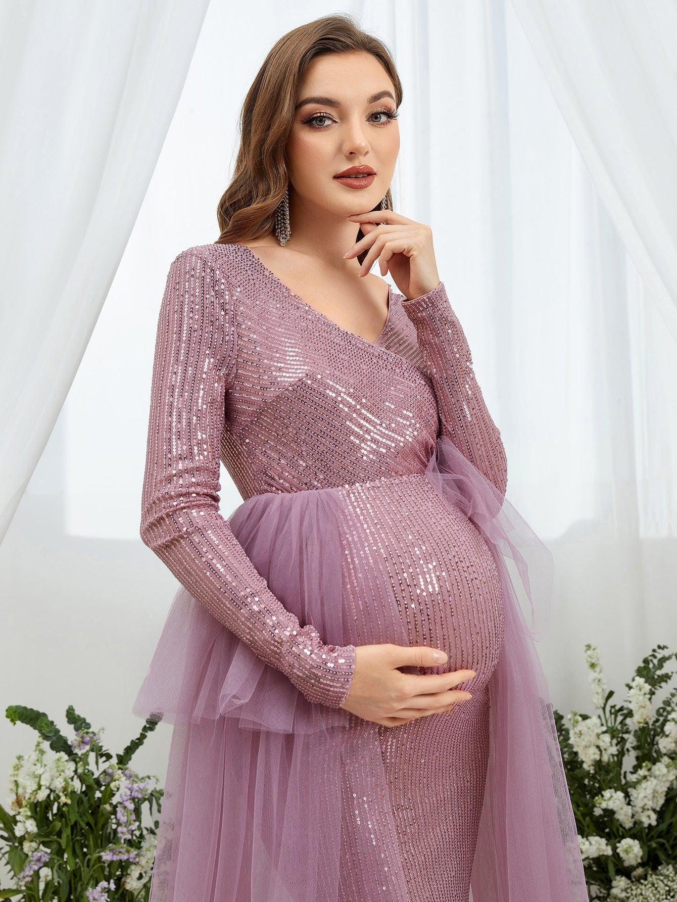 Maternity Surplice Nec Mesh Overlay Sequin Mermaid Dress - Elonnashop