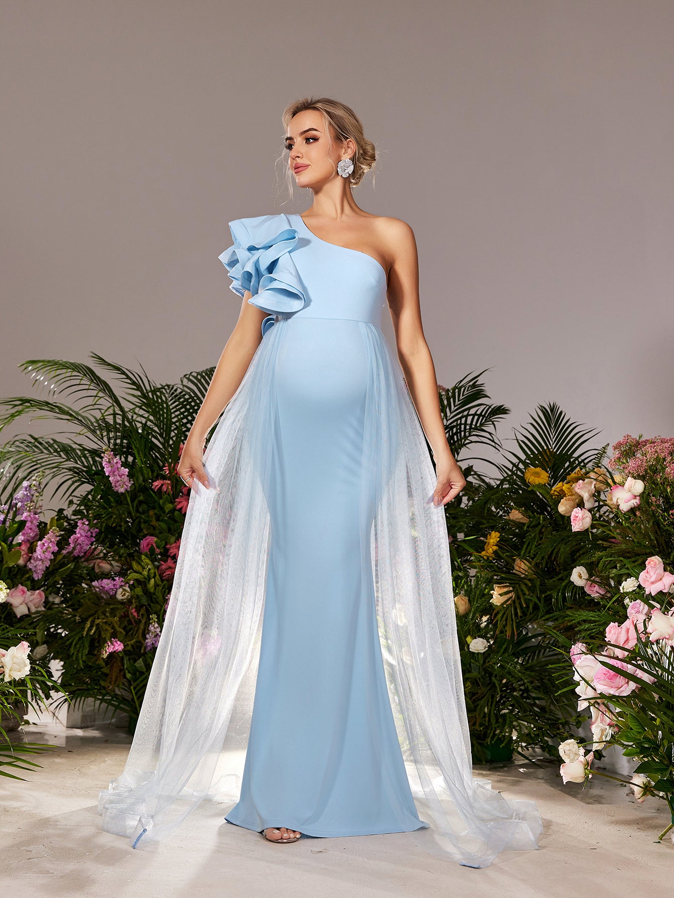 Maternity One Shoulder Ruffle Trim Mesh Overlay Mermaid Party Dress