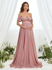 Maternity Off Shoulder Cut Out Front Chiffon Dress - Elonnashop