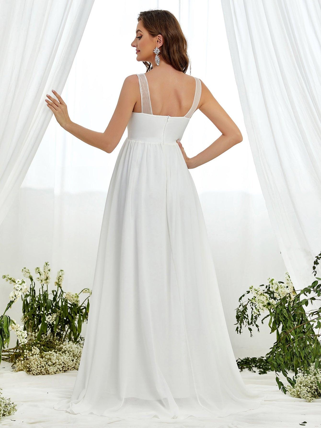 Maternity Pearl Details Sleeveless Chiffon Wedding Dress - Elonnashop