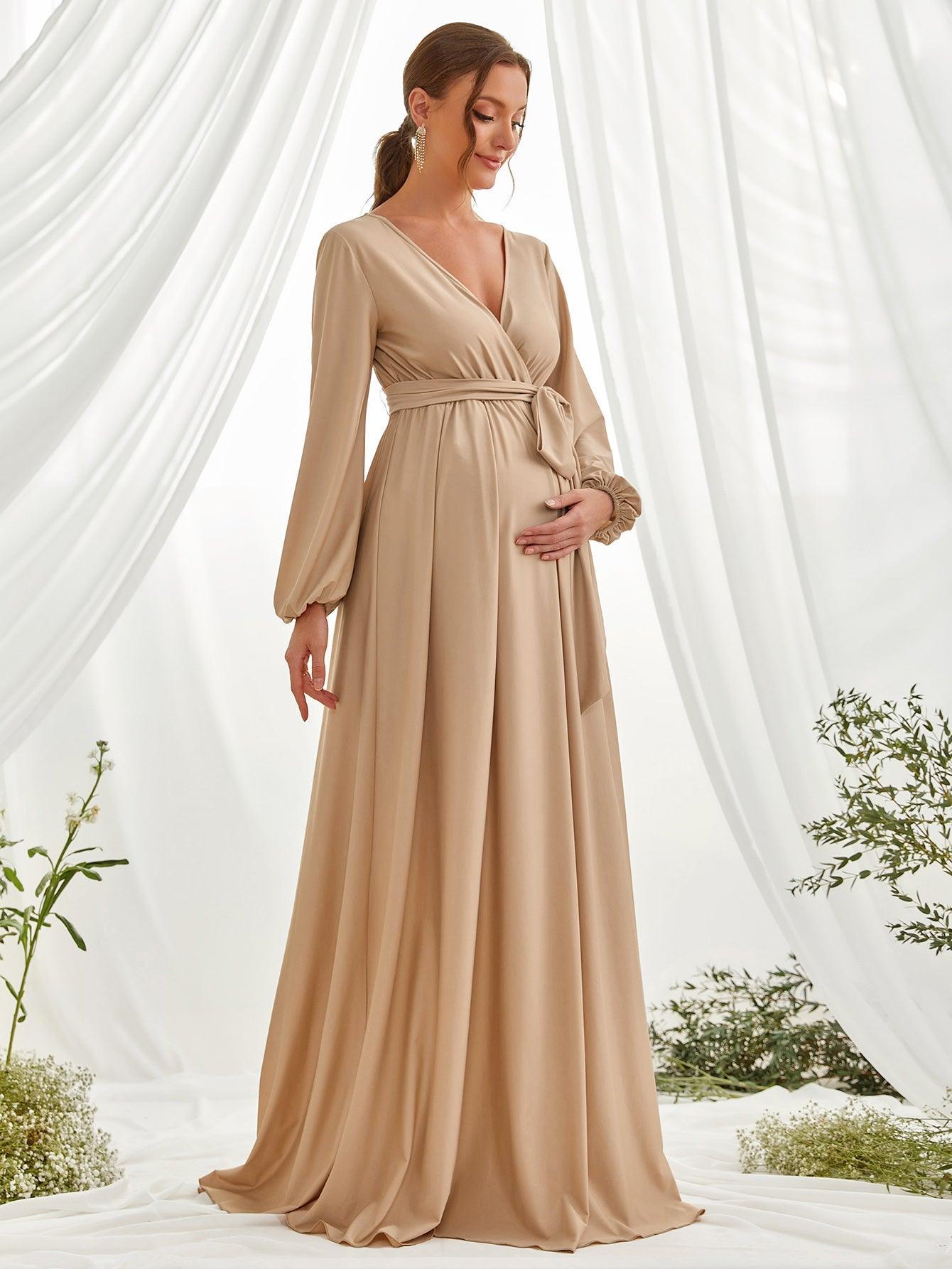 Maternity Surplice Neck A Line Belted Dress - Elonnashop