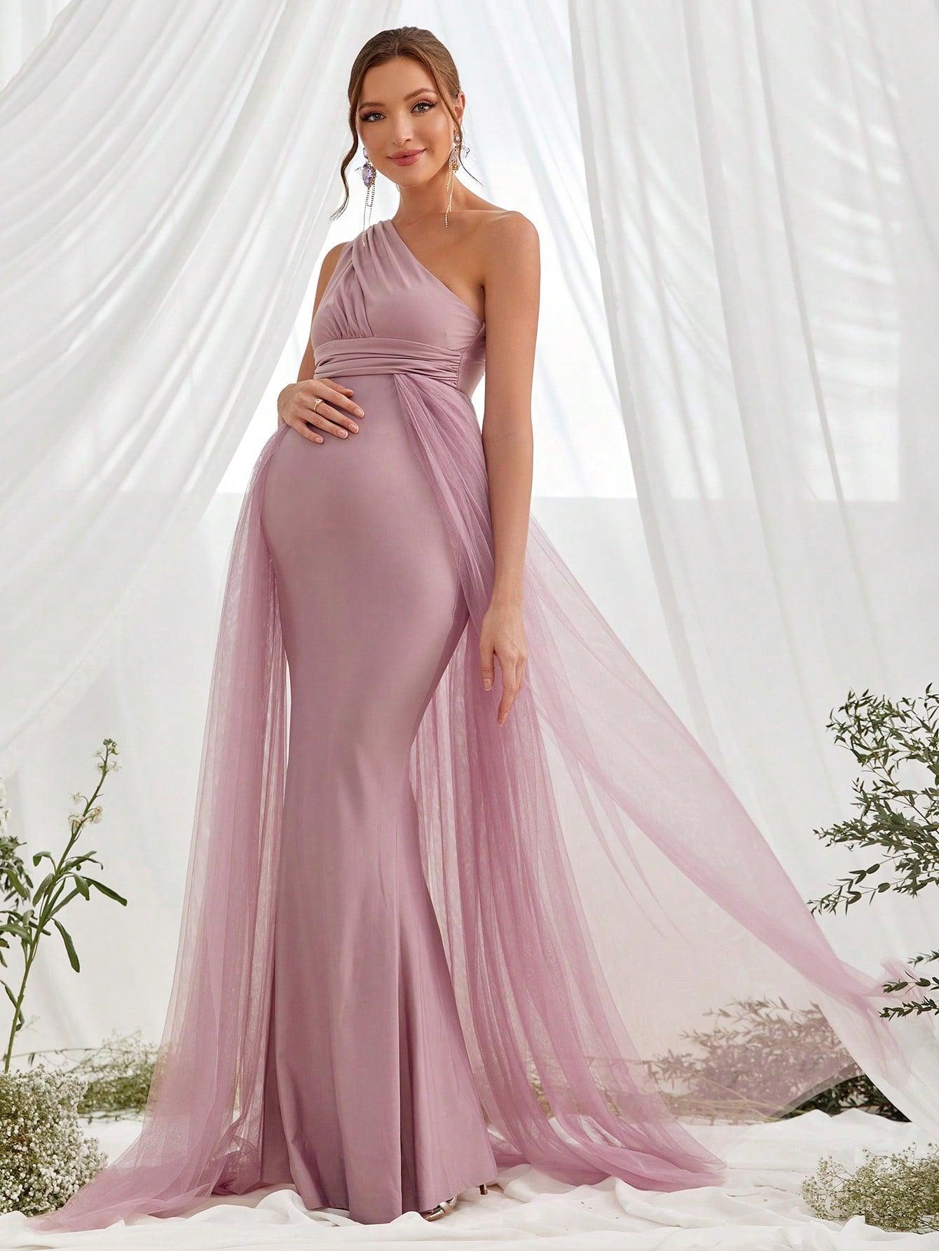 Maternity One Shoulder Contrast Mesh Mermaid Prom Dress - Elonnashop