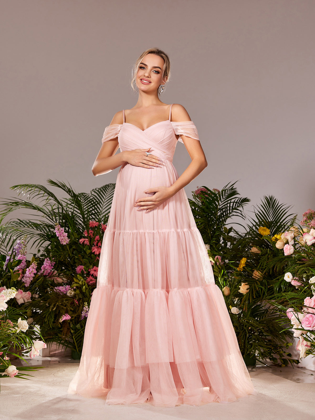 Maternity Cold Shoulder Ruffle Layered Hem Tulle Cami Prom Dress