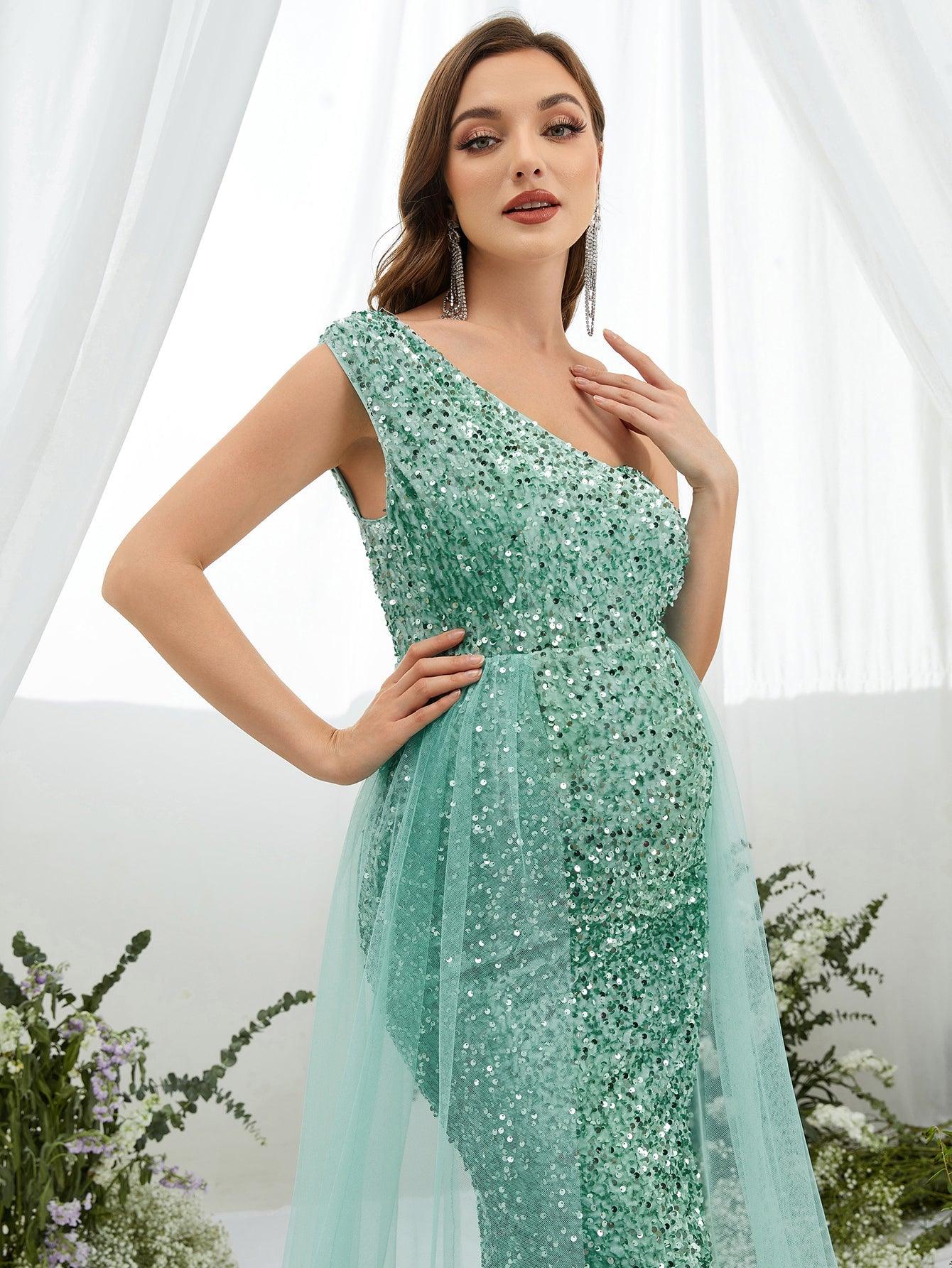 Maternity One Shoulder Mesh Overlay Sequin Party Dress - Elonnashop