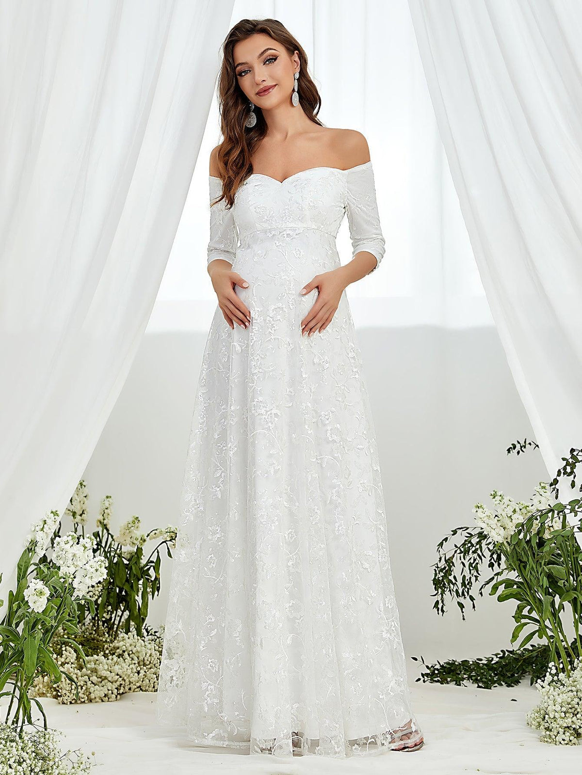 Maternity Off Shoulder Embroidered Mesh Wedding Dress - Elonnashop