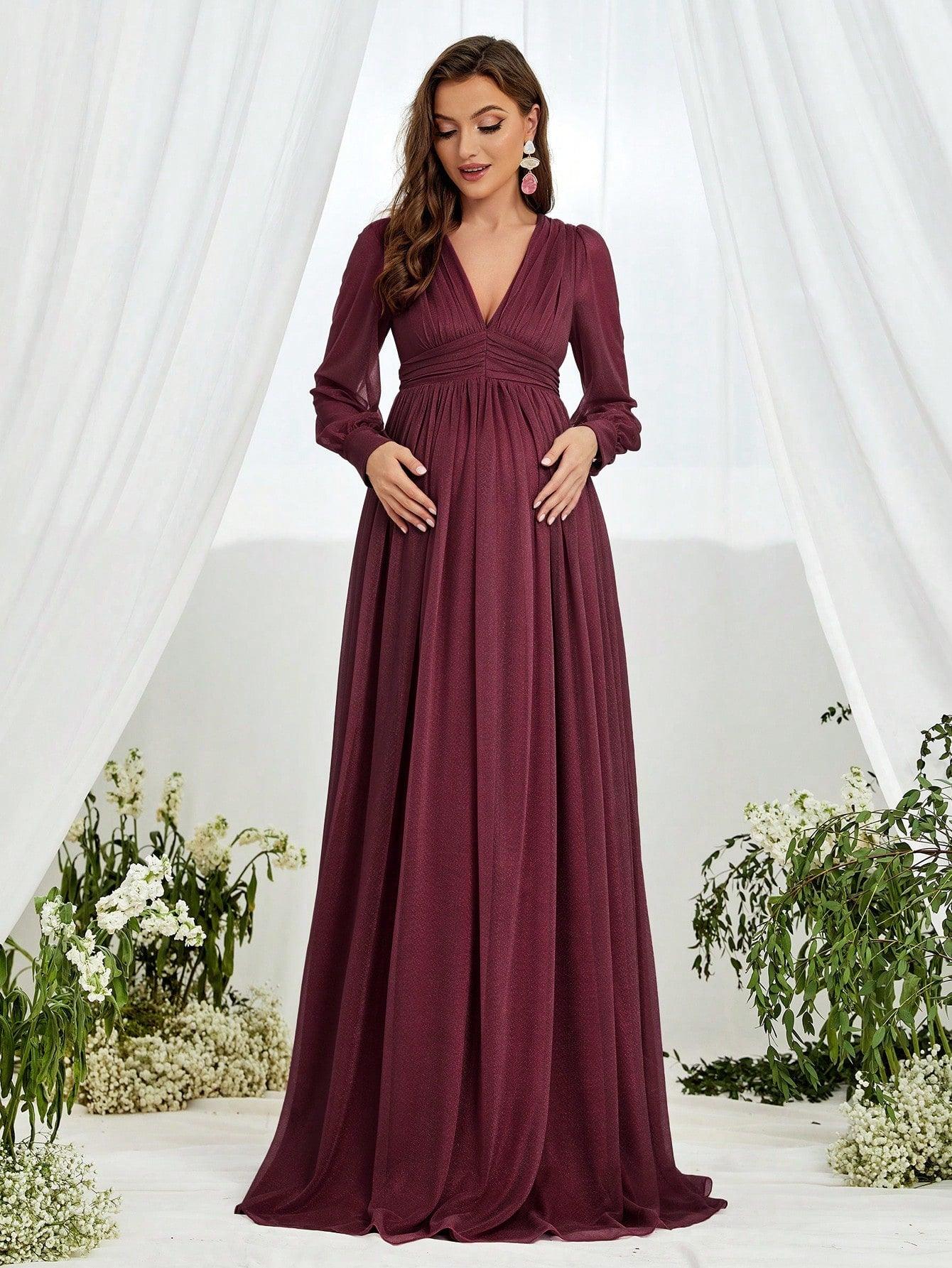 Maternity V Neck Lantern Sleeve A Line Dress - Elonnashop