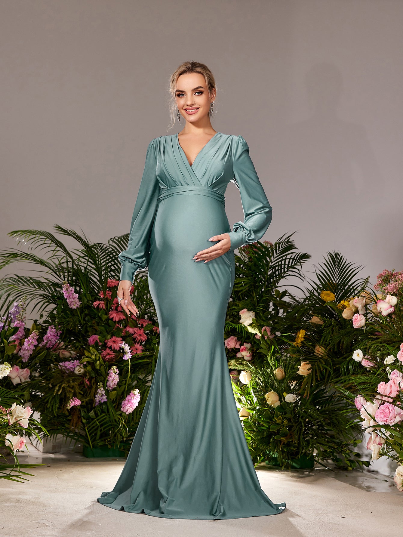 Maternity V Neck Bishop Sleeves Mermaid Hem Evening Dress