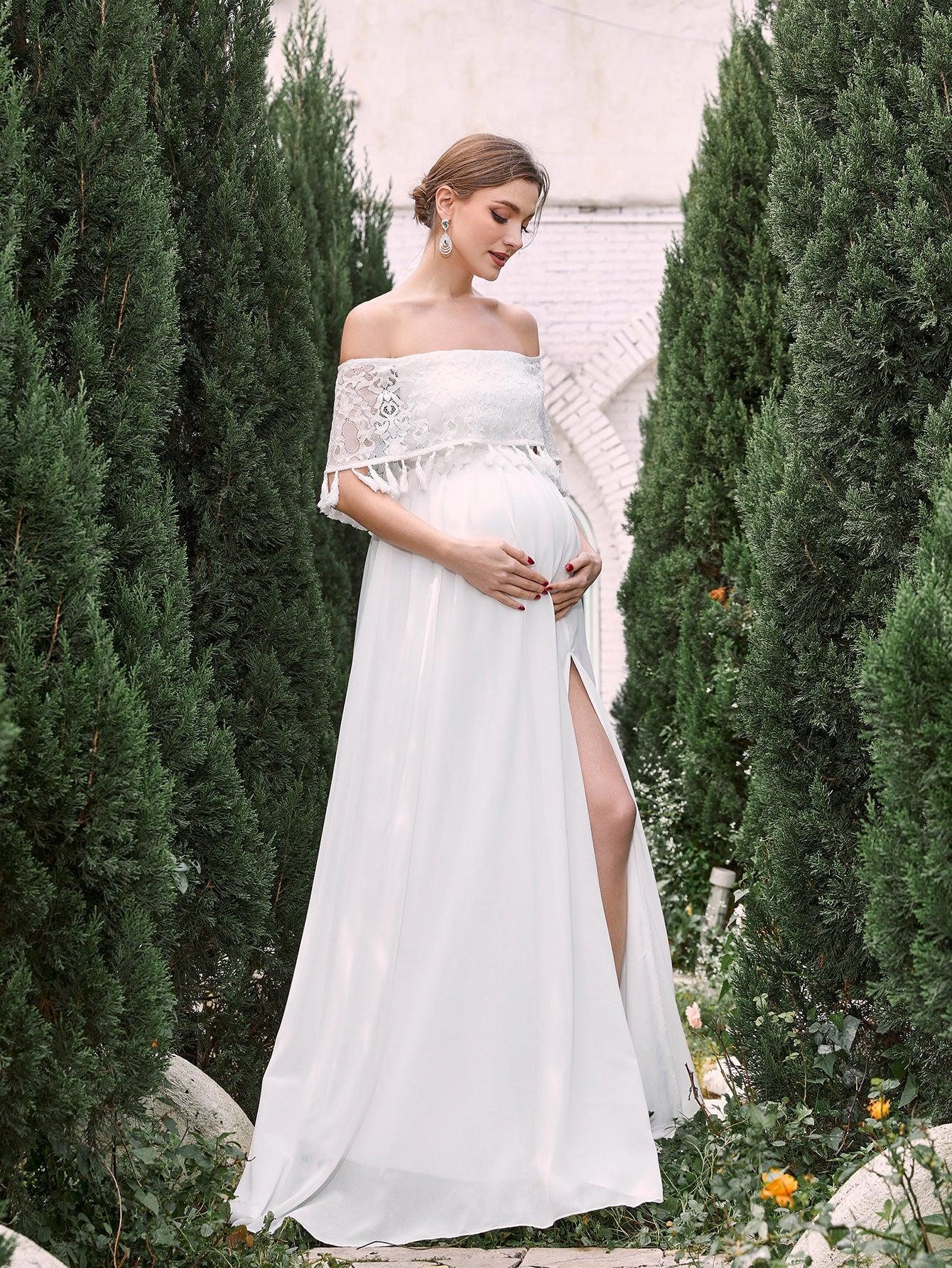 Maternity Off Shoulder Fringed Trim Chiffon Formal Dress - Elonnashop