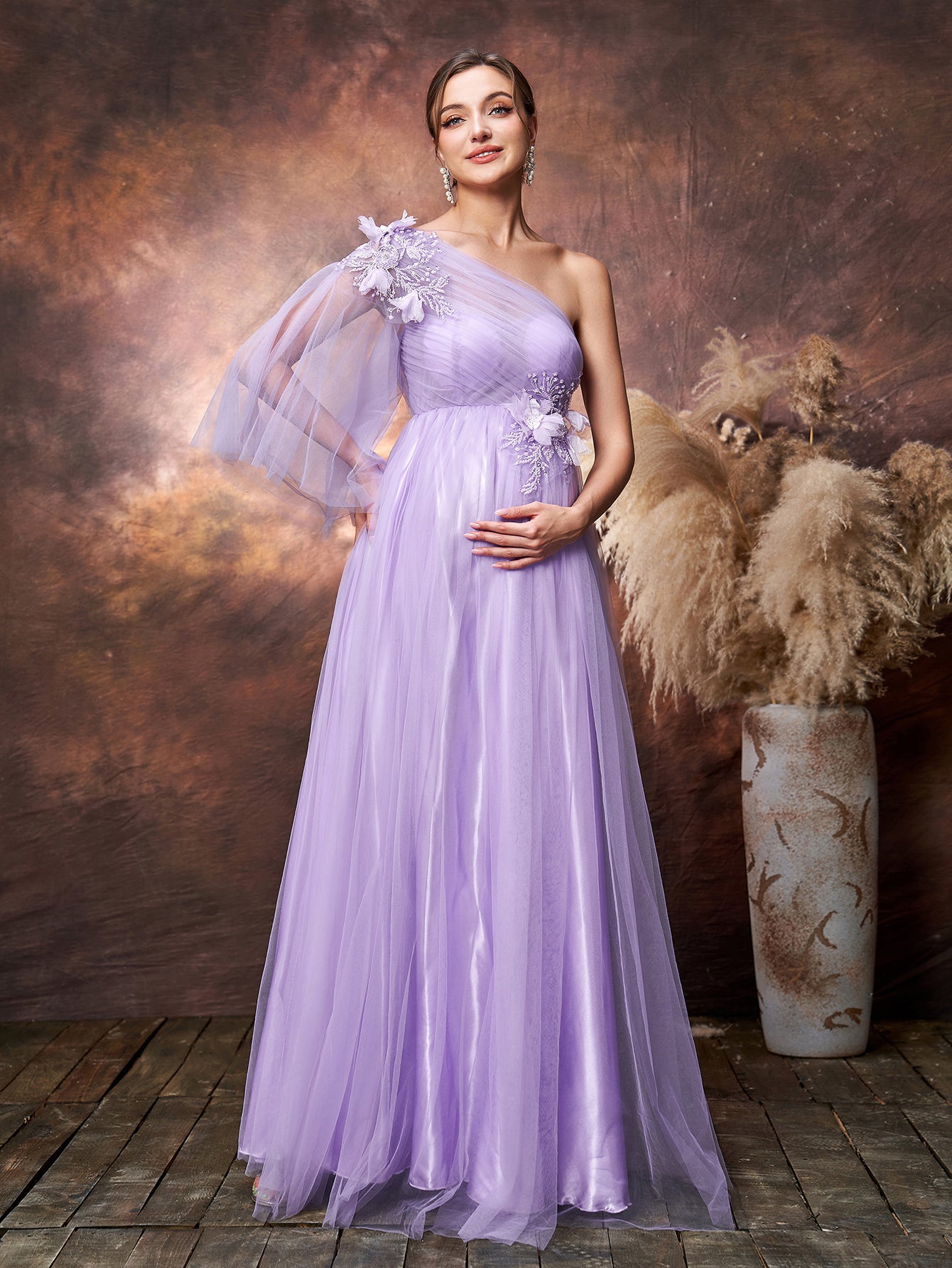 Maternity Applique Details One Shoulder Tulle Evening Dress